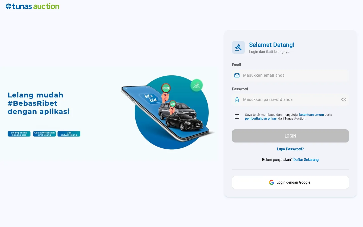 Tunas Auction buyer sign-in page