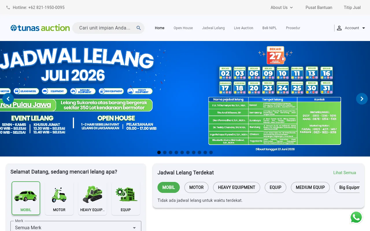 Tunas Auction public homepage with auction schedules and vehicle categories